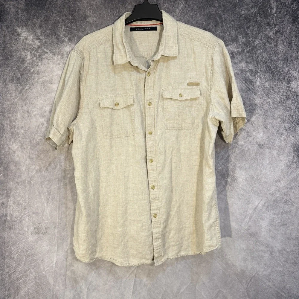 Sean Jean Linen Short Sleeve Button Shirt Beige 2XL Casual Breathable Wear‎
